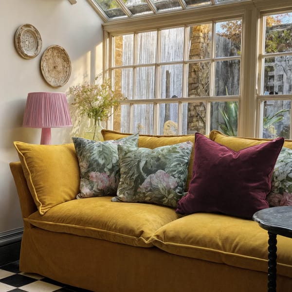 A cosy room features a charming granny sofa in mustard yellow, adorned with floral and plum cushions, next to a window with a garden view. A pink lampshade and decorative wall-mounted plates complete the inviting space.