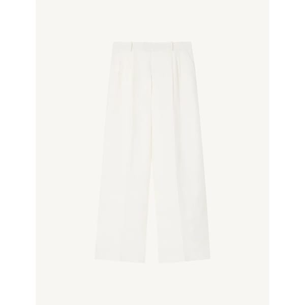 White high-waisted, wide-leg pleated trousers with belt loops and side pockets, laid flat on a plain light background.
