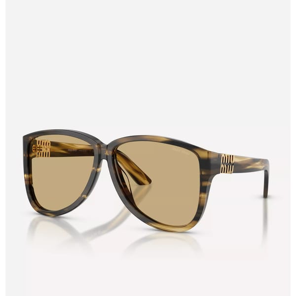 A pair of brown tortoiseshell sunglasses with slightly rounded square frames and brown tinted lenses. The arms feature a gold striped accent near the hinges. The background is plain white.