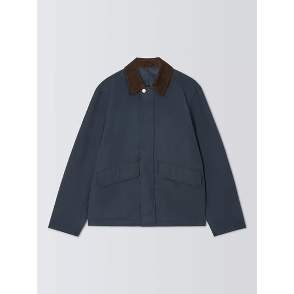 A navy blue men's jacket with a dark brown corduroy collar, front press-stud fastening, and two large front flap pockets, displayed against a plain light background.