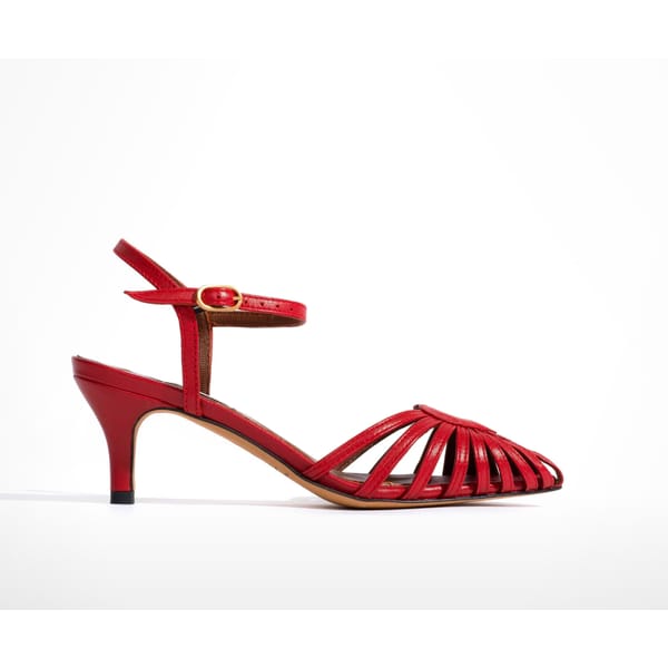 red caged heels