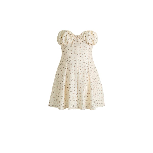 ditsy print cream strapless dress with ruching