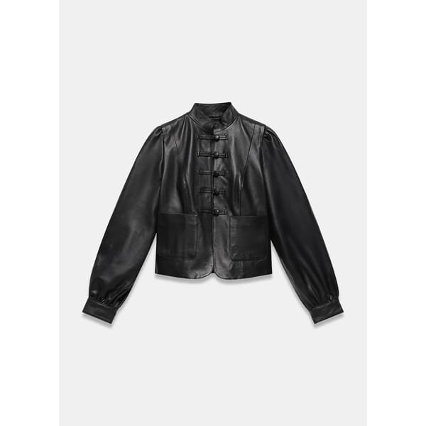 Black, long-sleeve leather jacket with a mandarin collar, decorative front toggles, two large front pockets, and slightly puffed sleeves. This lightweight jacket has a cropped fit and a smooth, shiny finish.