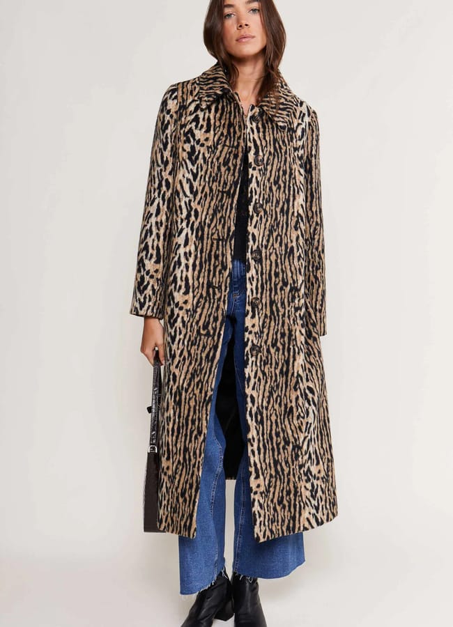 model wears leopard print coat