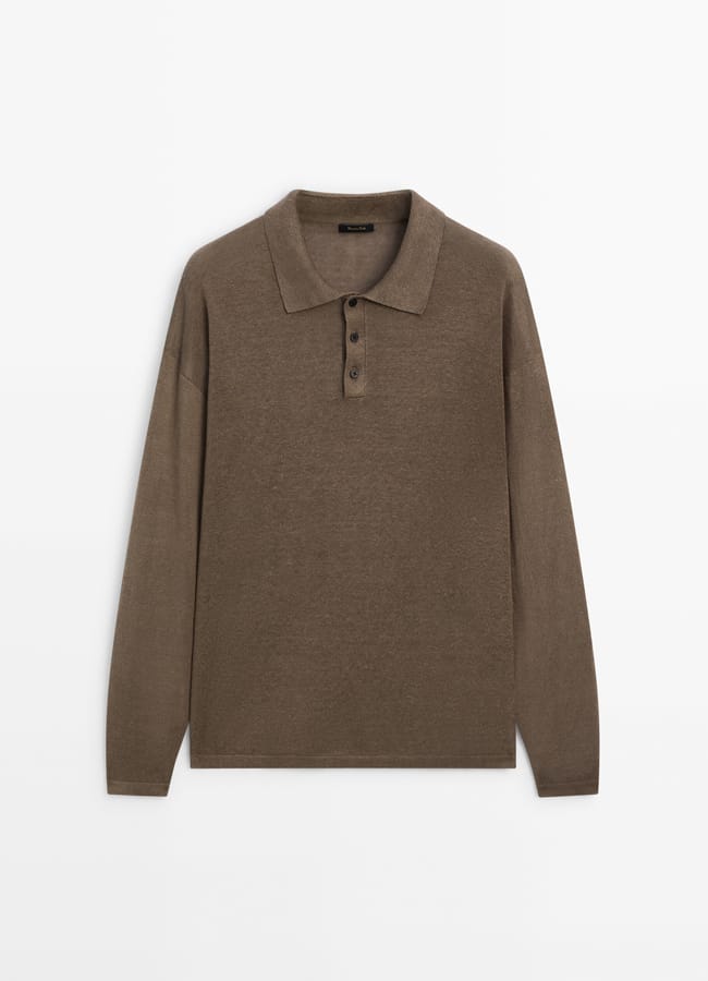 brown 100% LINEN POLO COLLAR SWEATER