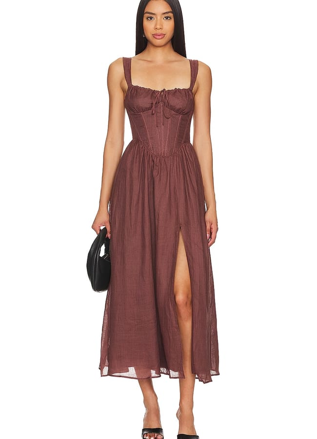 model wears brown BARDOT x REVOLVE Esra Midi Dress