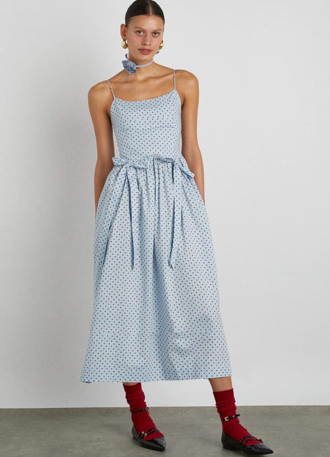 model wears DAMSON MADDER Penelope Midi - Blue & Red Spot