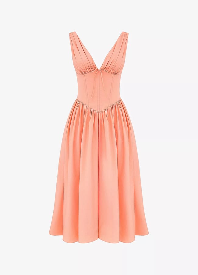 coral Emmelina plunge-neck corset stretch cotton-blend midi dress