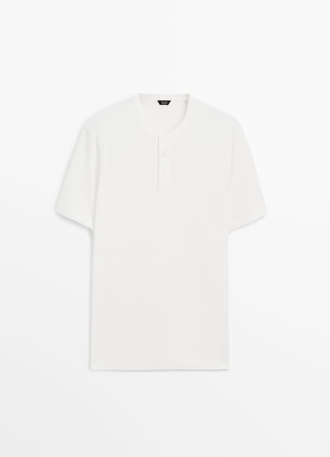 white LINEN BLEND HENLEY NECK T-SHIRT
