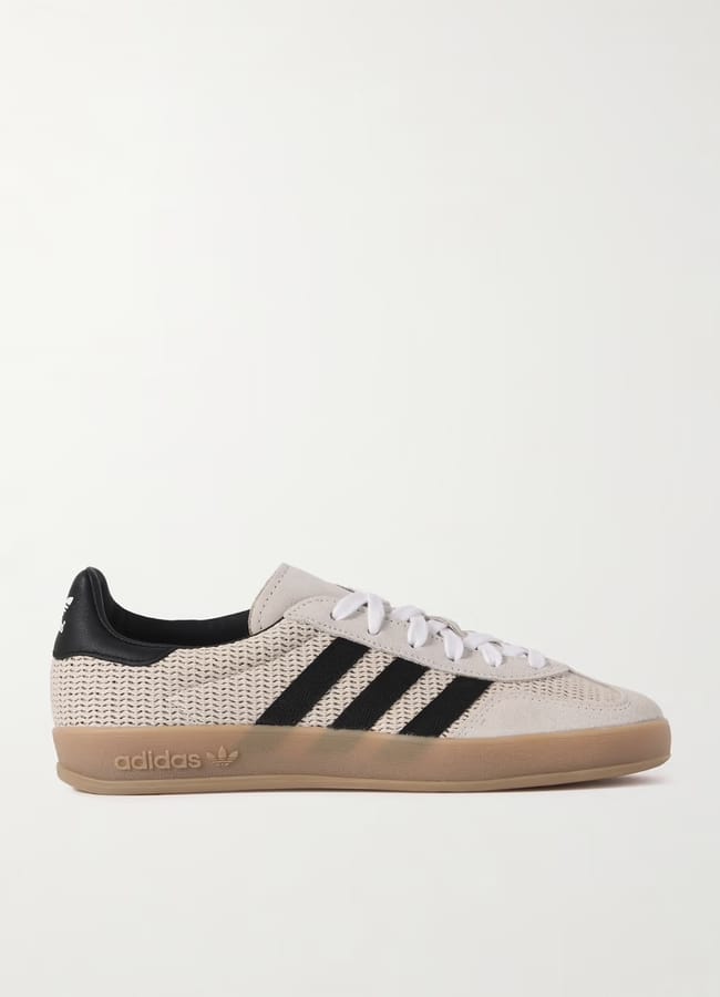 nap Gazelle Indoor suede, grosgrain and leather-trimmed raffia sneakers