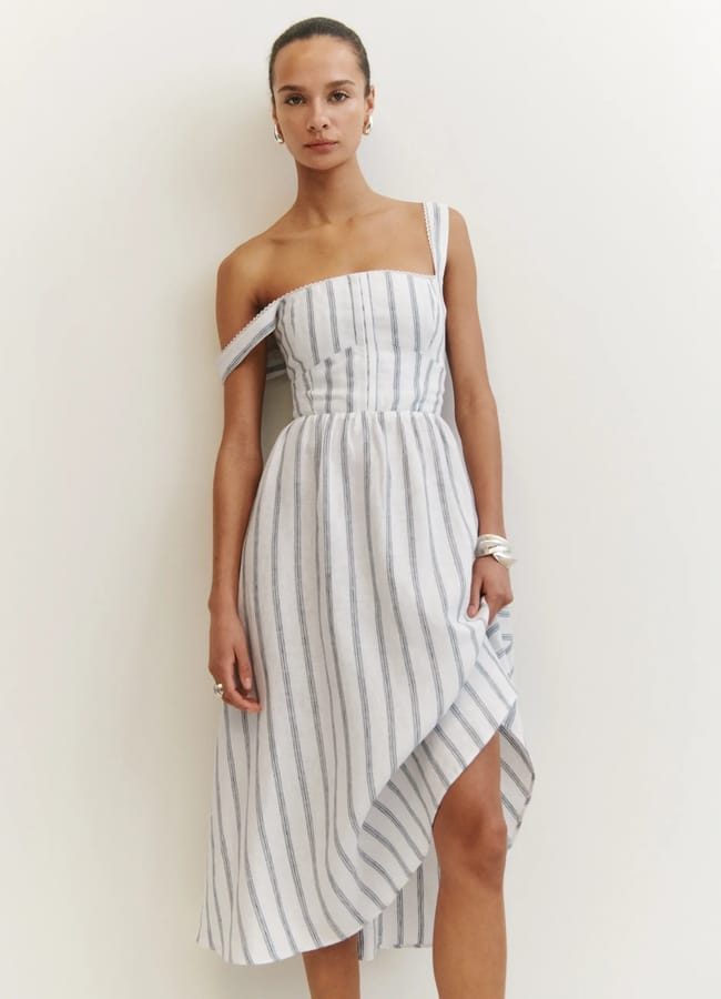 model wears blue and white stripe coset dress