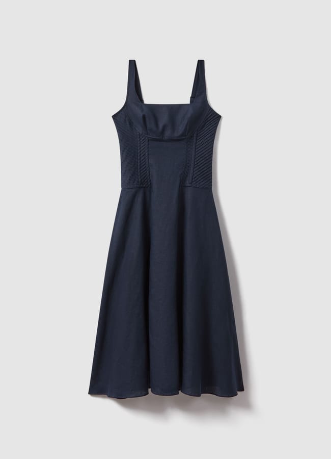 NAVY REISS ETTA 100% LINEN CORSET MIDI DRESS