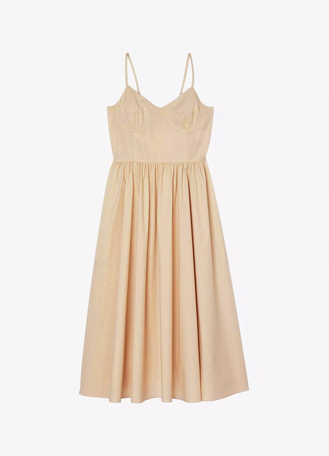 pale yellow SANDRO Corset-top flared-skirt stretch-cotton midi dress