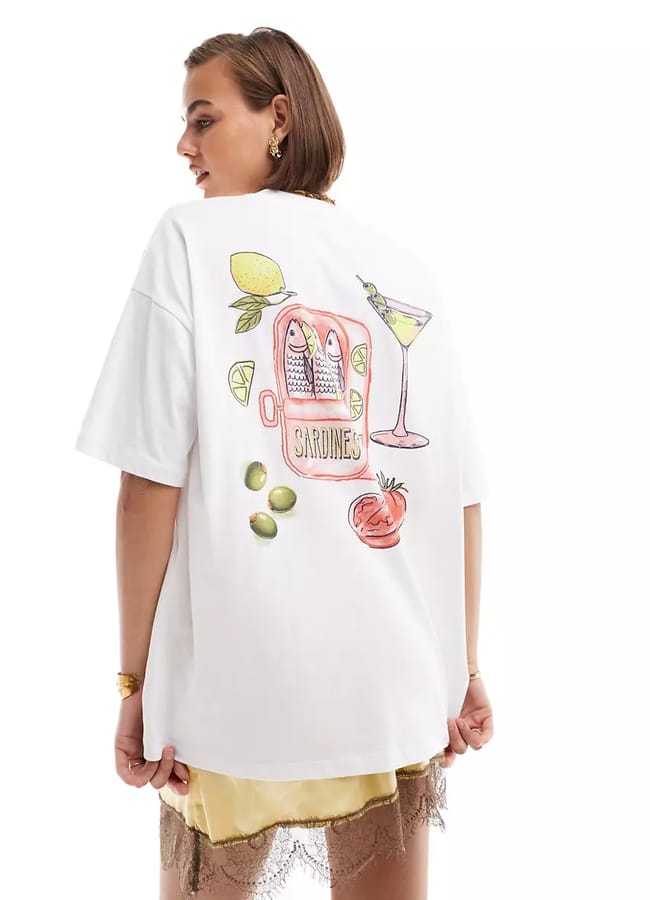 model from back wearing ASOS ASOS DESIGN oversized t-shirt with sardines graphic in lemon