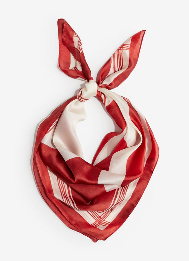 red and white printed satin scarf