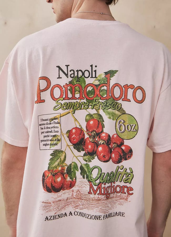 male model from back wearing UO Pink Pomodoro T-Shirt