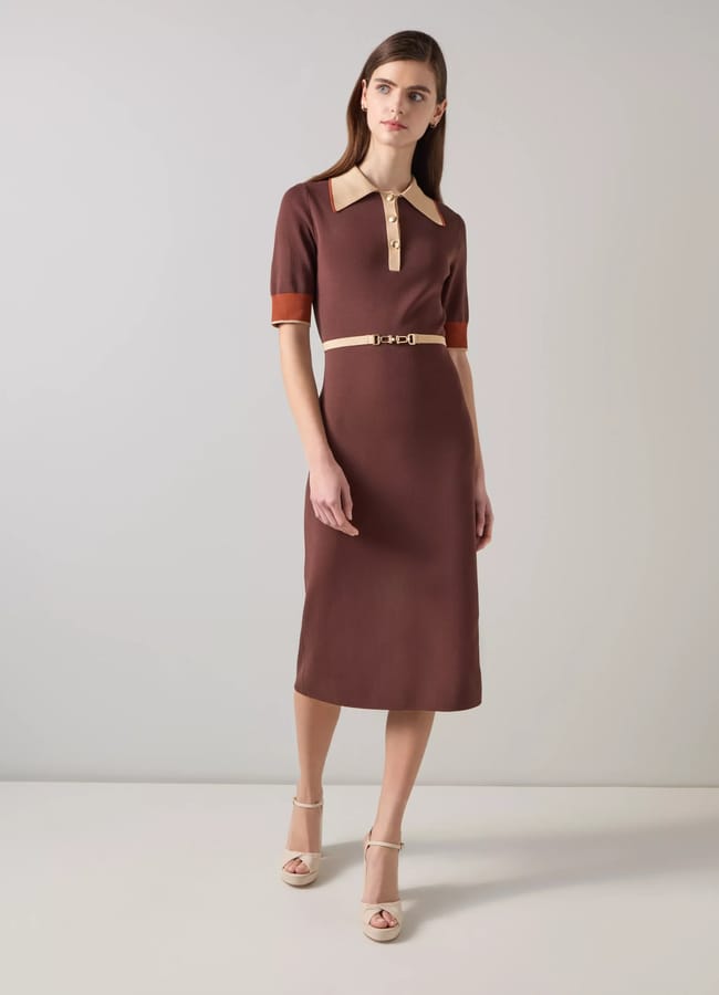 LK BENNETT Rosey Chocolate Multi Chain Belt Trim Milano Knit Dress