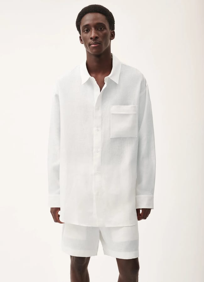 male model wearing PANGAIA DNA Aloe Linen Collared Long Sleeve Shirt - off-white