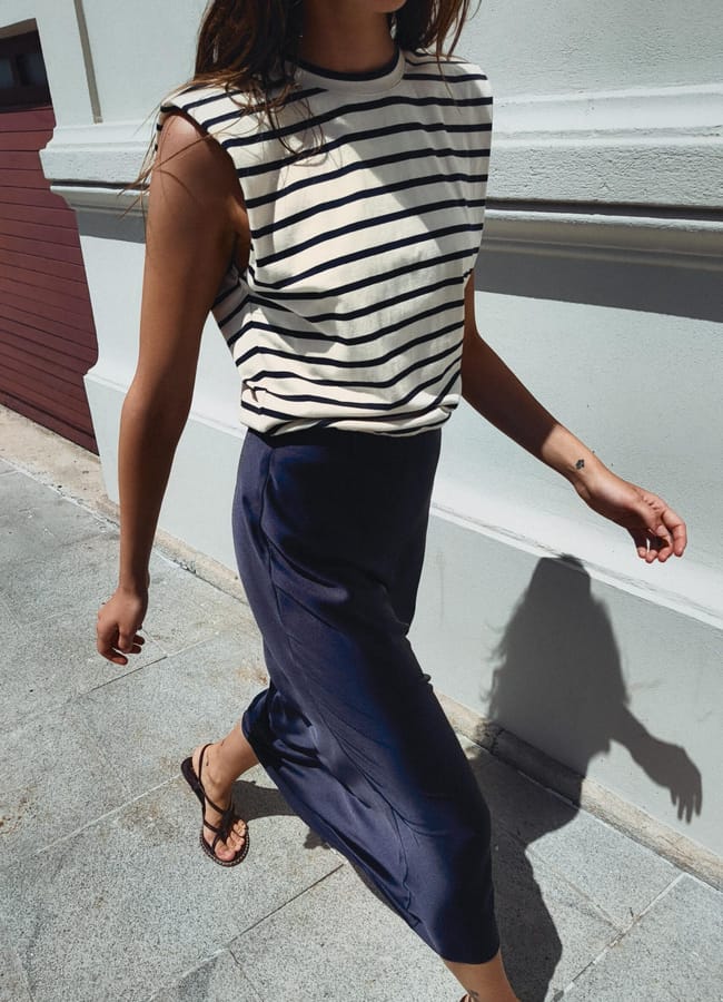 model wearing striped ZARA CONTRAST SATIN MIDI DRESS