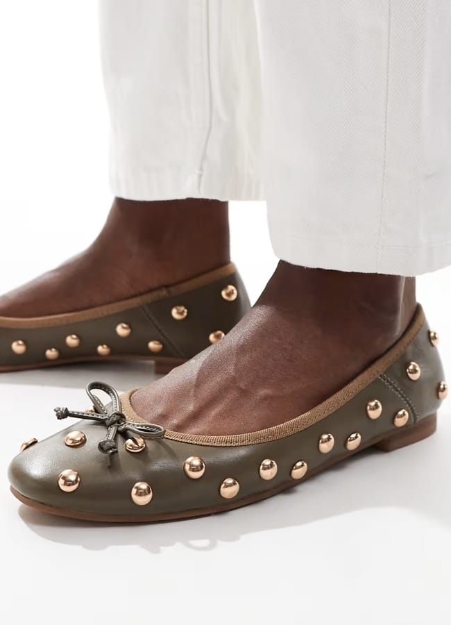 ASOS DESIGN Lullaby studded ballet in olive