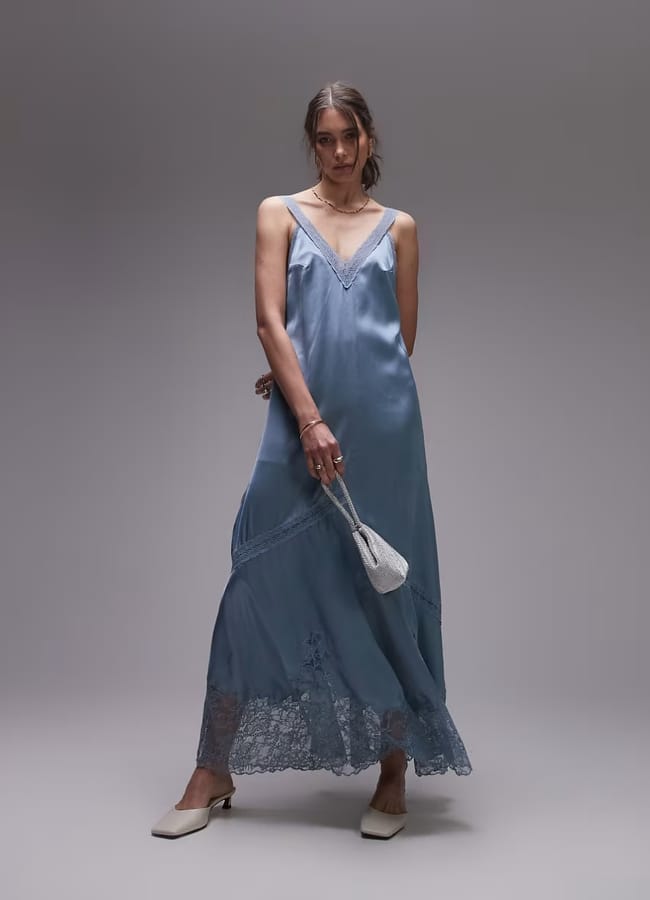 model wearing ASOS Topshop maxi dress with lace insert in pale blue