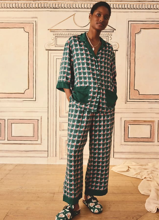 model wears green print Cath Kidston Woven Viscose Pyjama Set