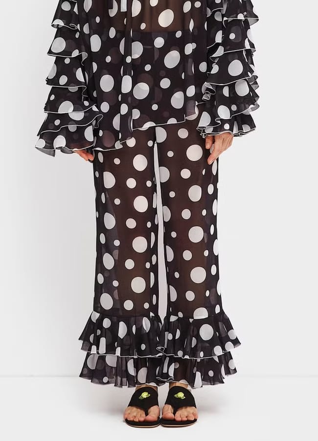coggles Sleeper Samba Ruffled Polka-Dot Chiffon Pants - M