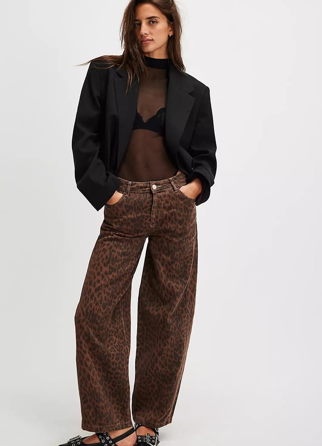 model wearing dark brown leopard print Damson Madder jeans