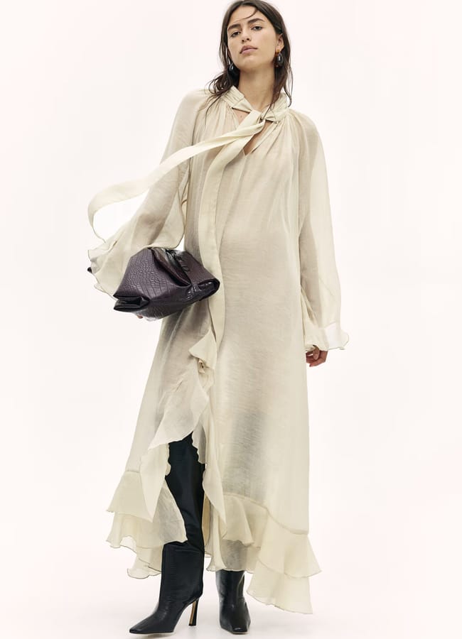 flounced tie neck dress
