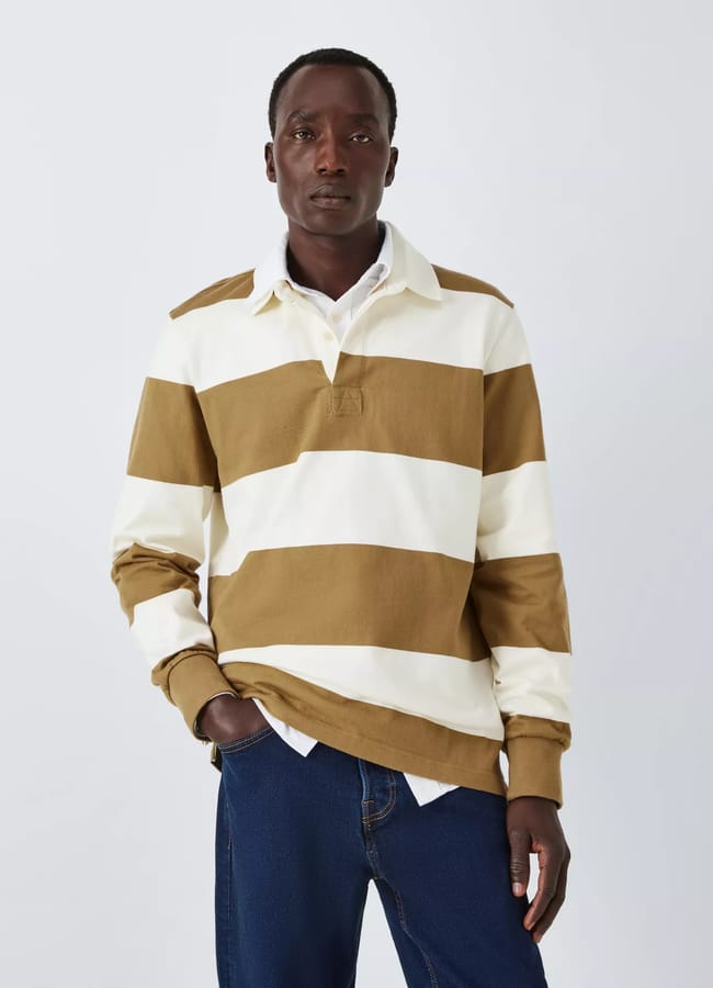 male model wearing John Lewis Bar Stripe Rugby Top, Egret/ Ant Bronze