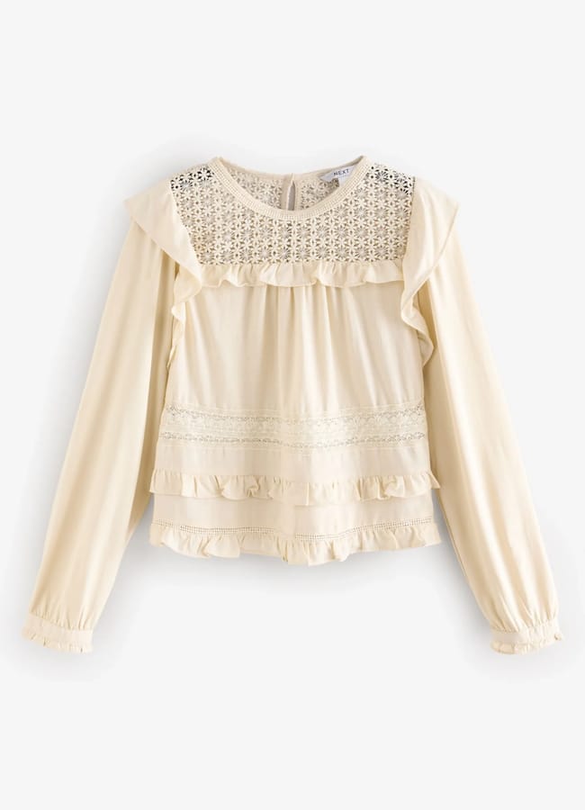 Long Sleeve Lace Insert Frill 100% Cotton Top