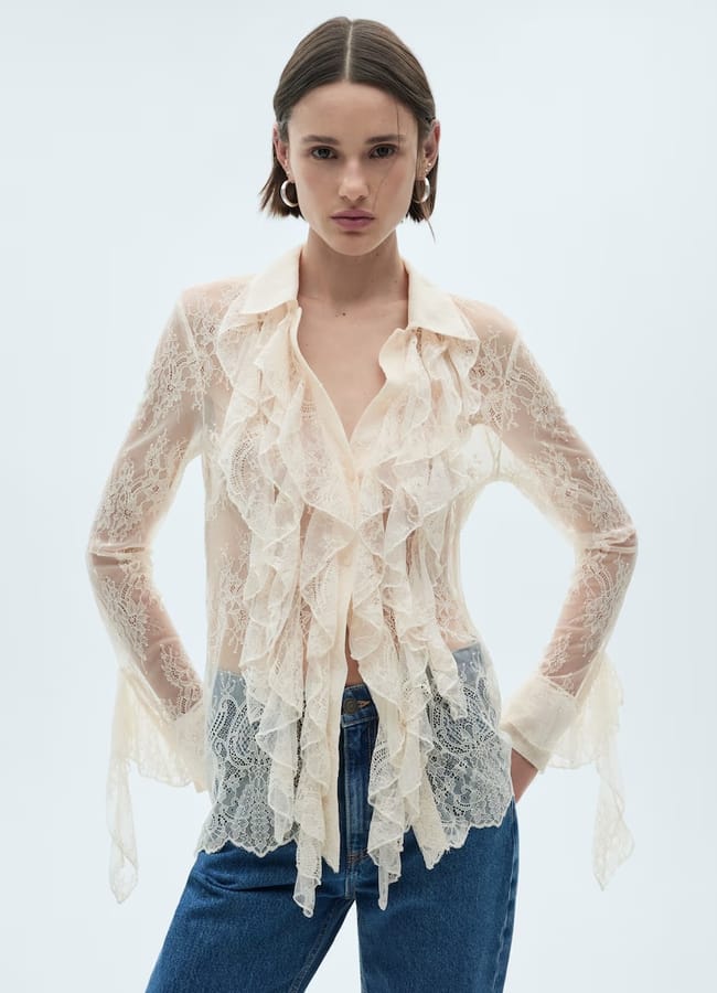 model wearing MANGO Ruffled guipure shirt