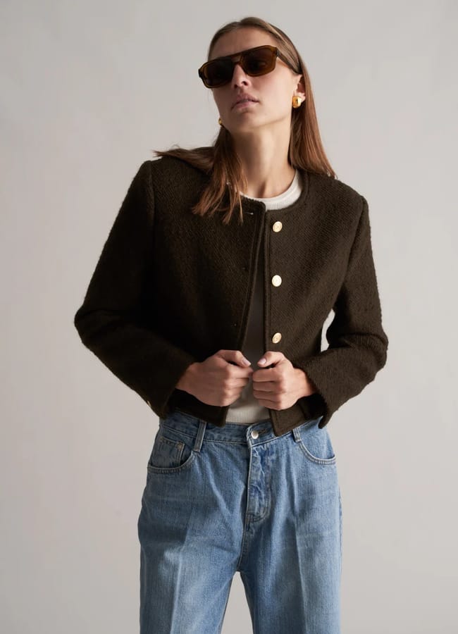 model wears MARCELA LONDON Cleo Wool Tweed Jacket Brown