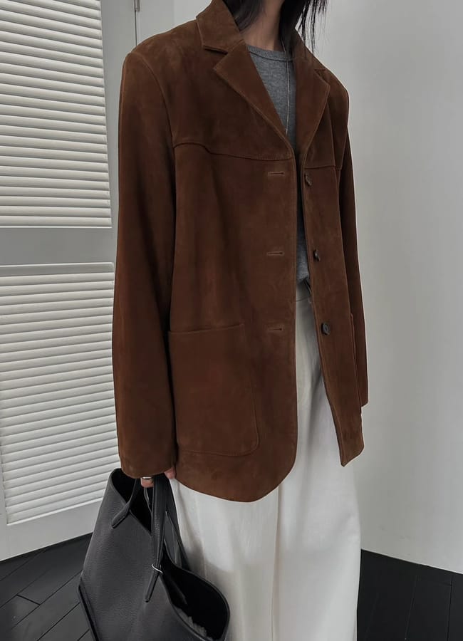 model wears MARCELA LONDON Lazero Suede Leather Jacket Coffee