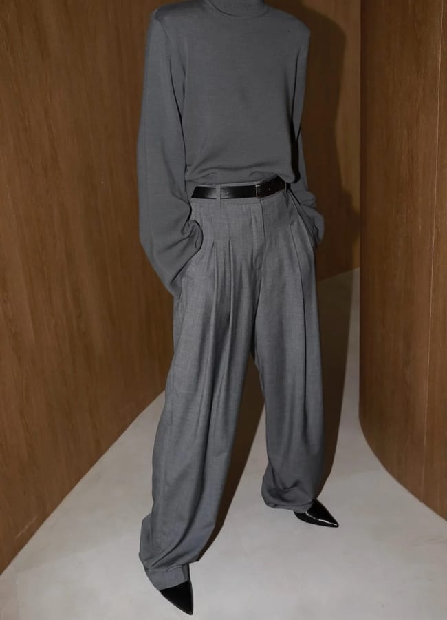 MARCELA LONDON Wide Leg Tencel Wool Blend Pintuck Trousers Graphite