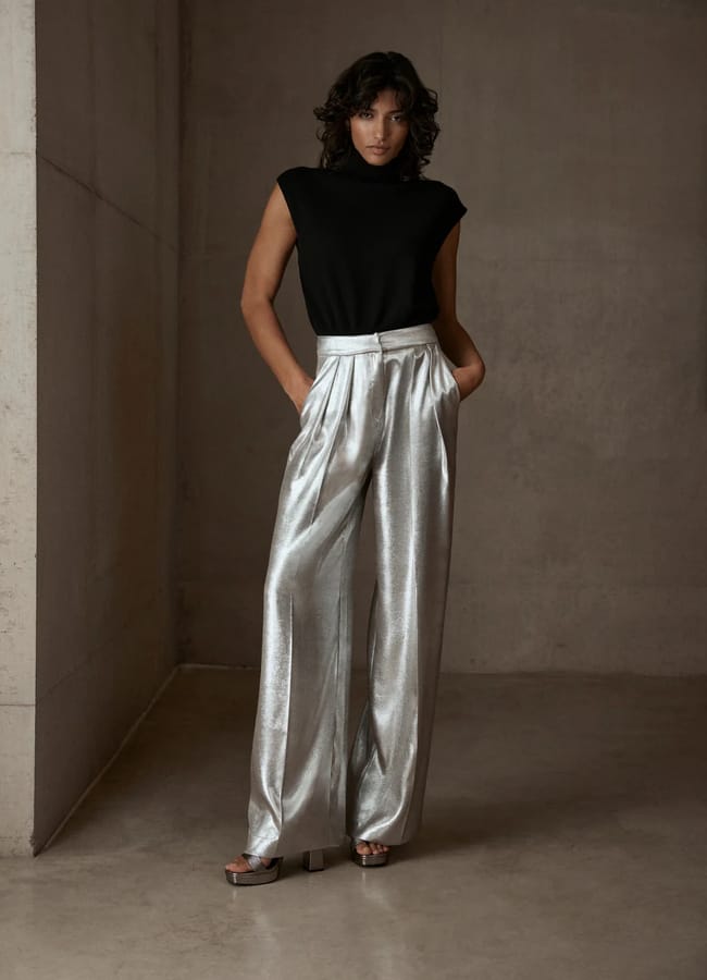 model wearing Metallic Wide Trousers in silver