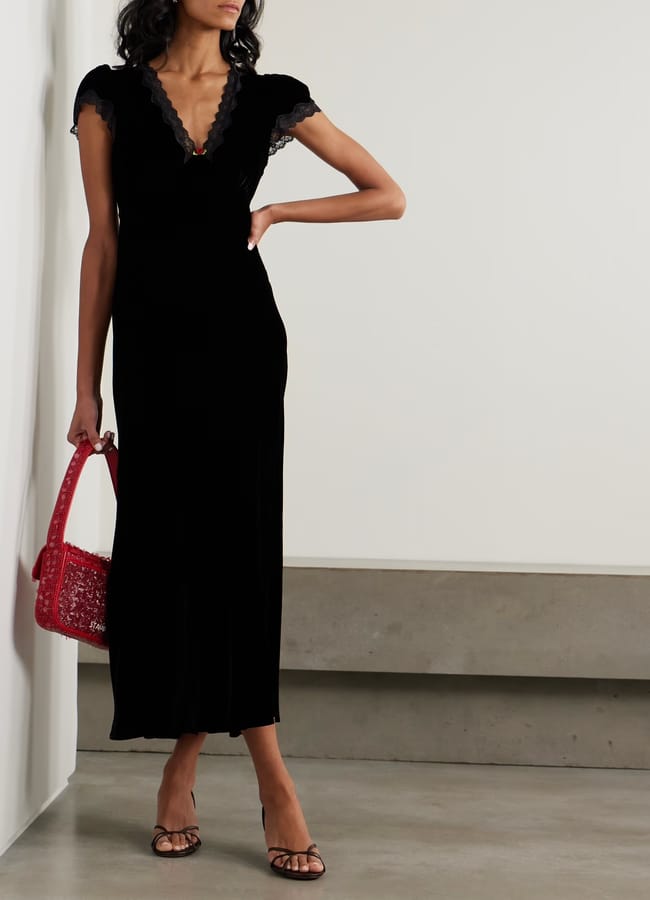 model wears black net RIXO Clarice appliquéd lace-trimmed velvet midi dress