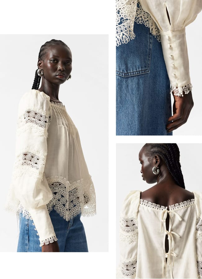 collage of model wearing cream lace blouse