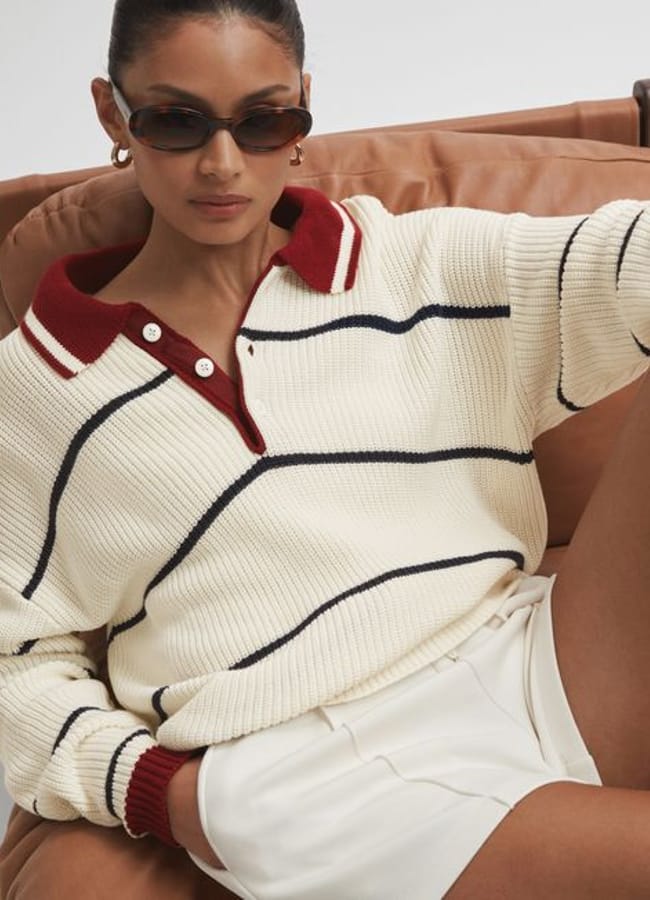 model wearing reiss The Upside Oversized Cotton Polo Jumper