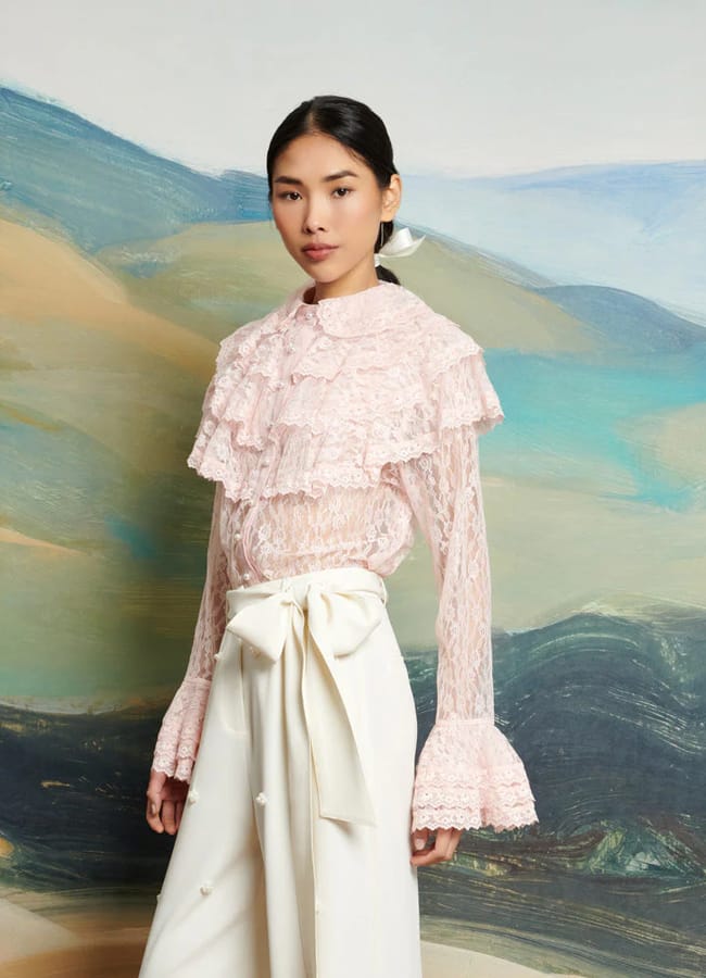 model wearing sister jane DREAM Filly Lace Ruffle Blouse