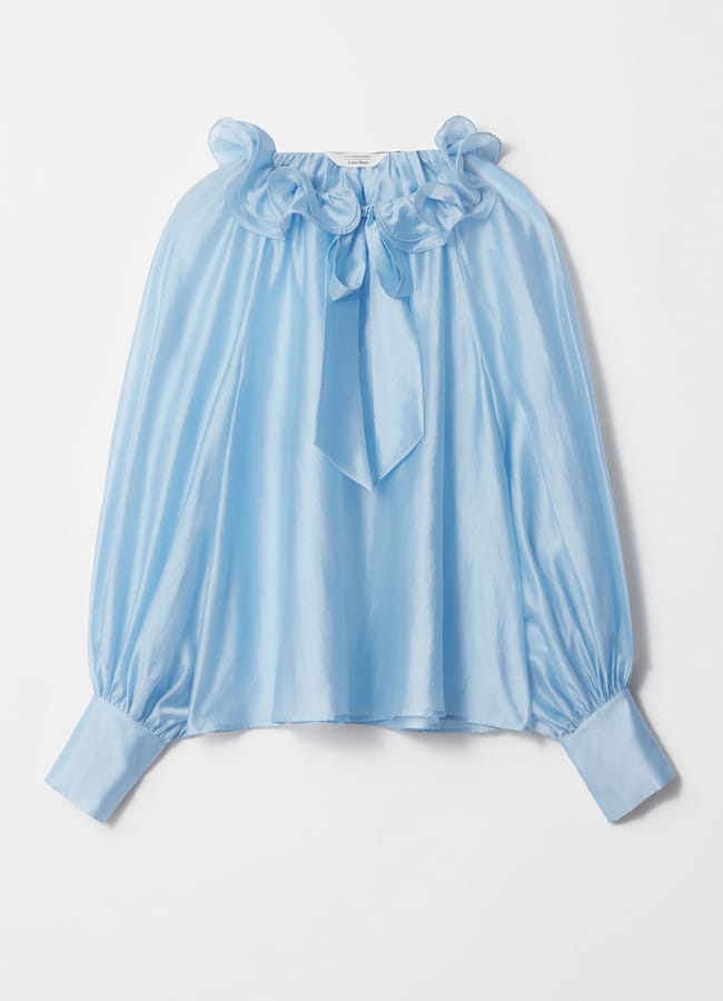 STORIES Ruffled Tie-Neck Blouse in blue