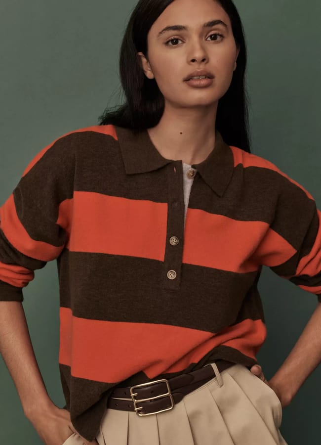 MODEL WEARING Maeve Rugby Polo Jumper