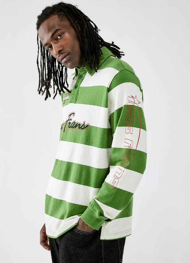 male model wearing green and white Green Stripe Polo Shirt