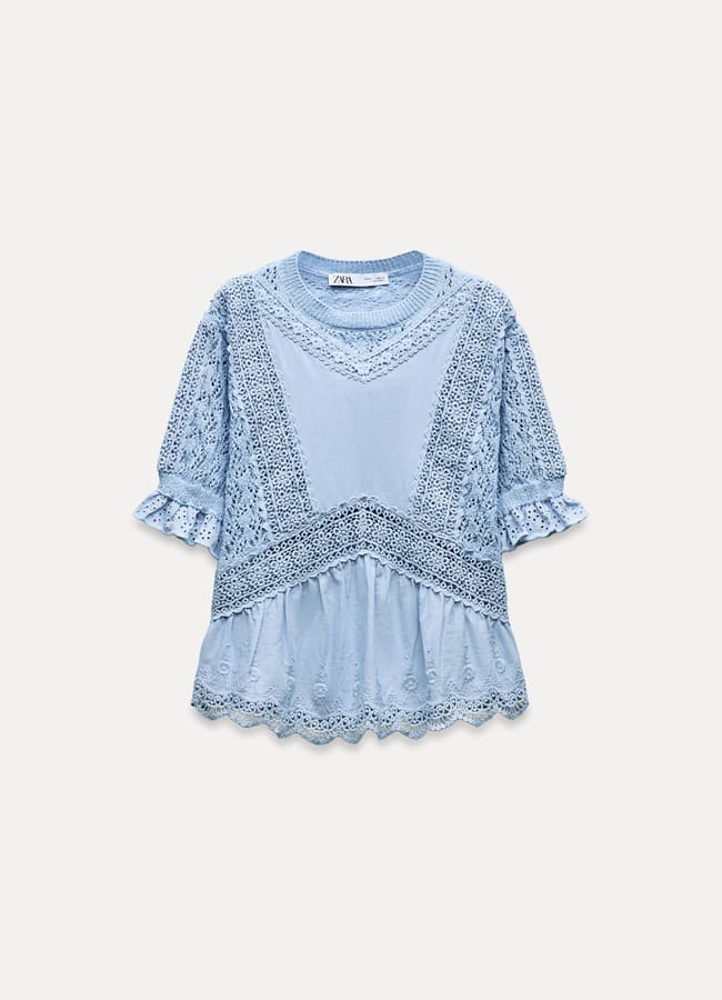 zara blue knit top