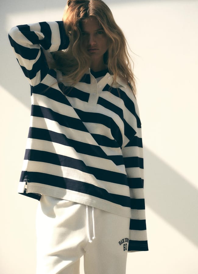 model wearing ZARA STRIPED HEAVY COTTON POLO SHIRT 1