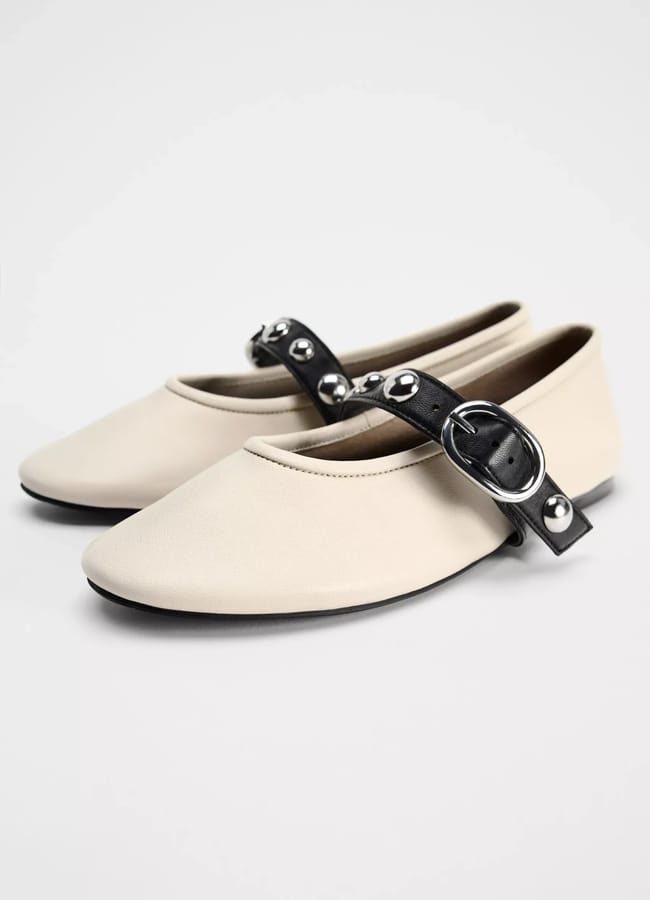 zara STUDDED LEATHER BALLET FLATS