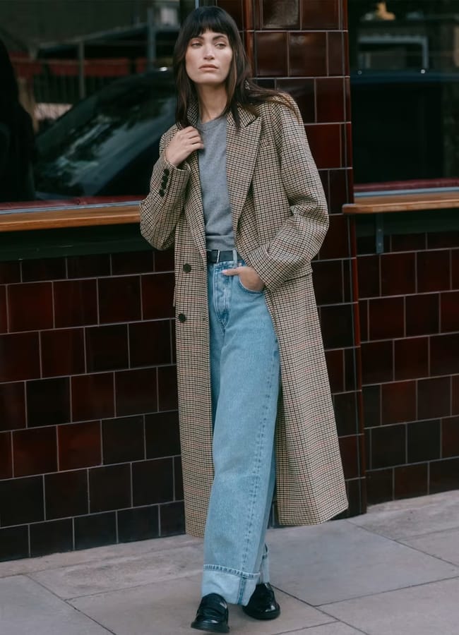 model wearing Albaray Checked Double Breasted Coat with Wool