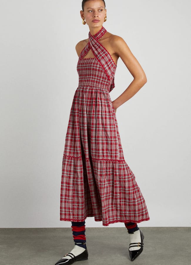 model wearing tartan dress