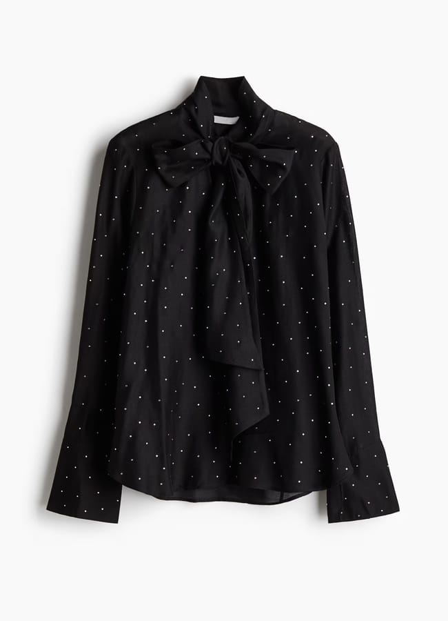 H&M Rhinestone-embellished tie-neck blouse