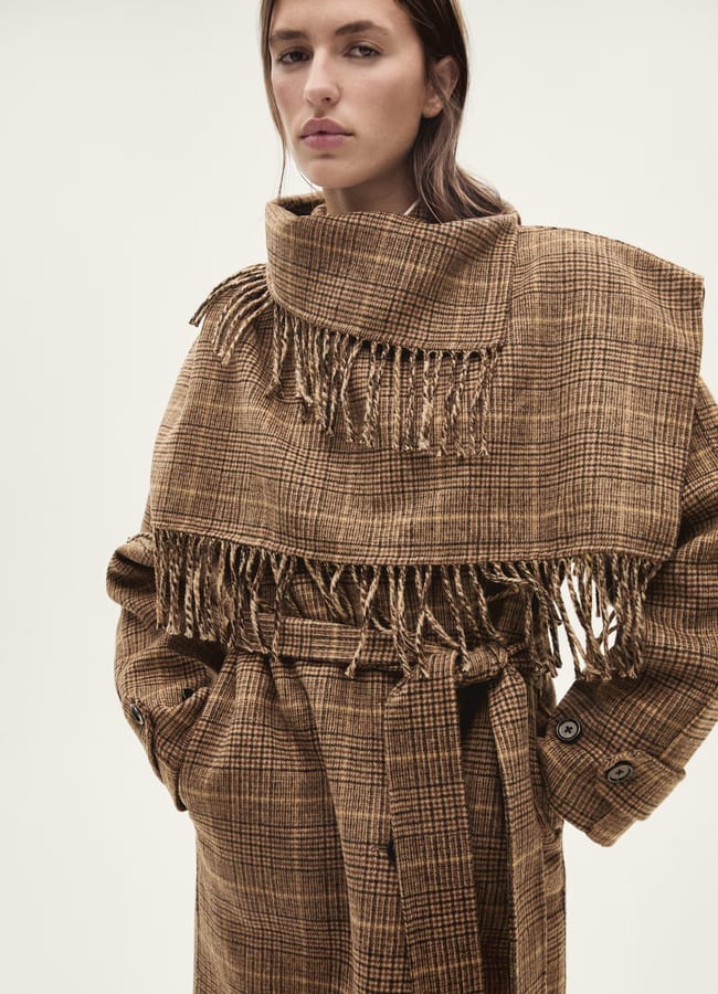 model wearing MANGO Wool-blend micro-houndstooth coat